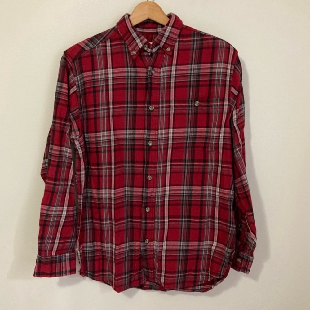 Men's Basic Options Red Plaid Flannel Shirt, Button Down Long sleeve size medium